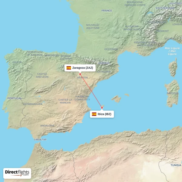 Zaragoza - Ibiza direct flight map