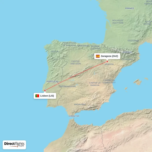 Zaragoza - Lisbon direct flight map
