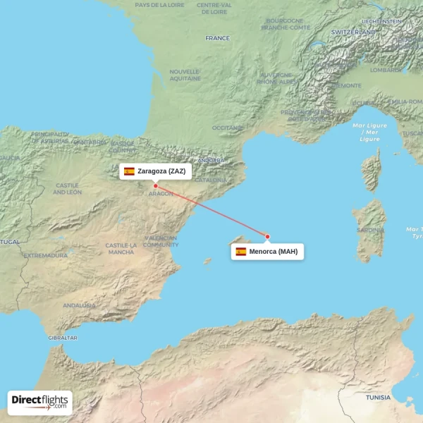 Zaragoza - Menorca direct flight map