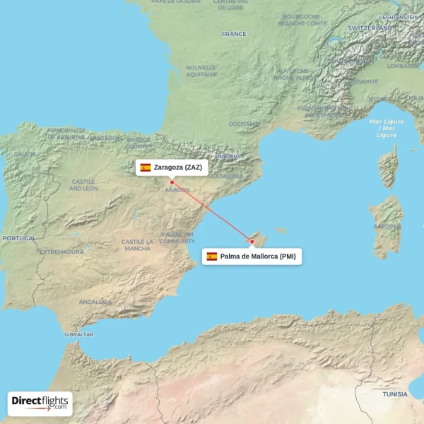 Zaragoza - Palma de Mallorca direct flight map