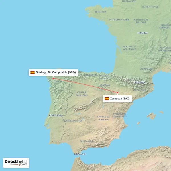 Zaragoza - Santiago De Compostela direct flight map