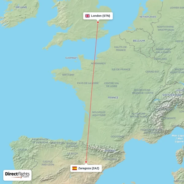 Zaragoza - London direct flight map