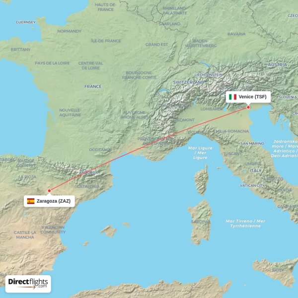 Zaragoza - Venice direct flight map