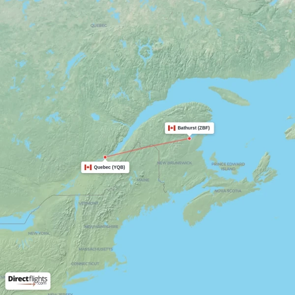 Bathurst - Quebec direct flight map