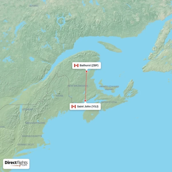 Bathurst - Saint John direct flight map
