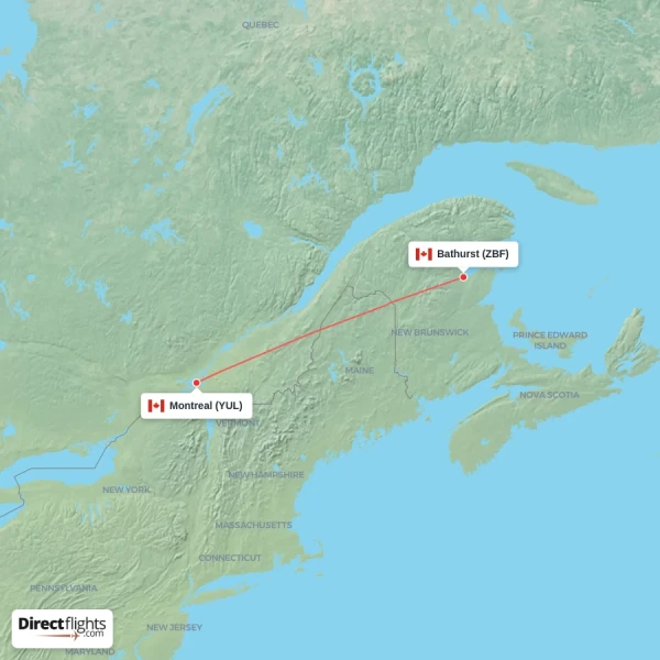 Bathurst - Montreal direct flight map