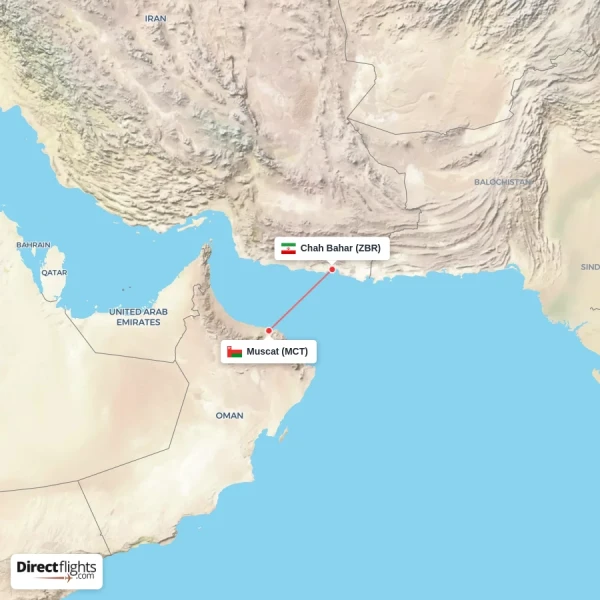 Chah Bahar - Muscat direct flight map
