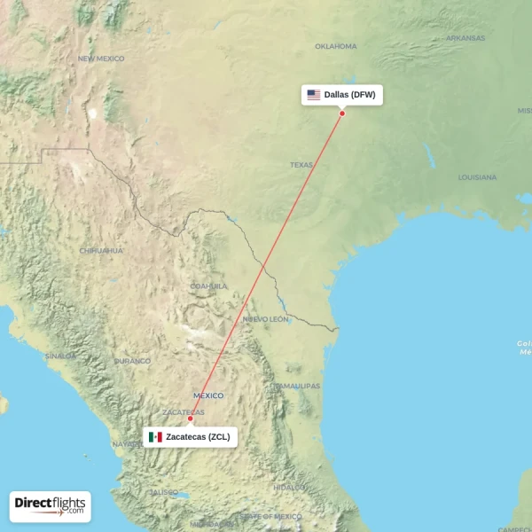 Zacatecas - Dallas direct flight map