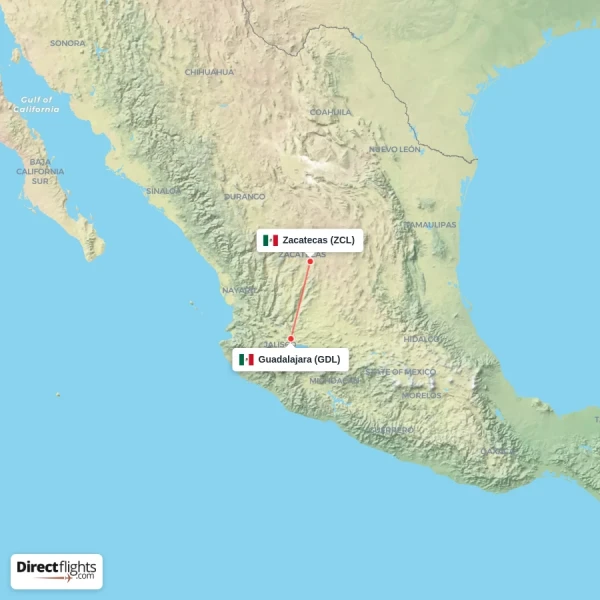 Zacatecas - Guadalajara direct flight map