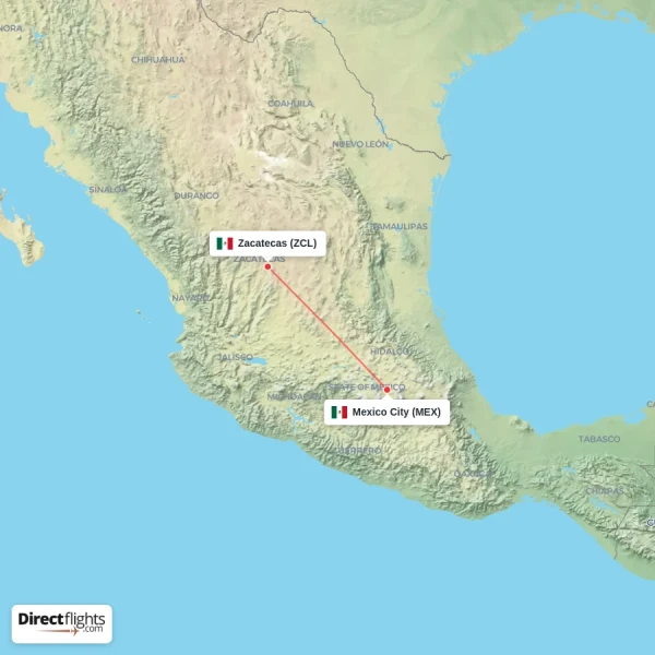 Zacatecas - Mexico City direct flight map