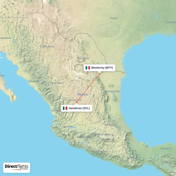 Zacatecas - Monterrey direct flight map