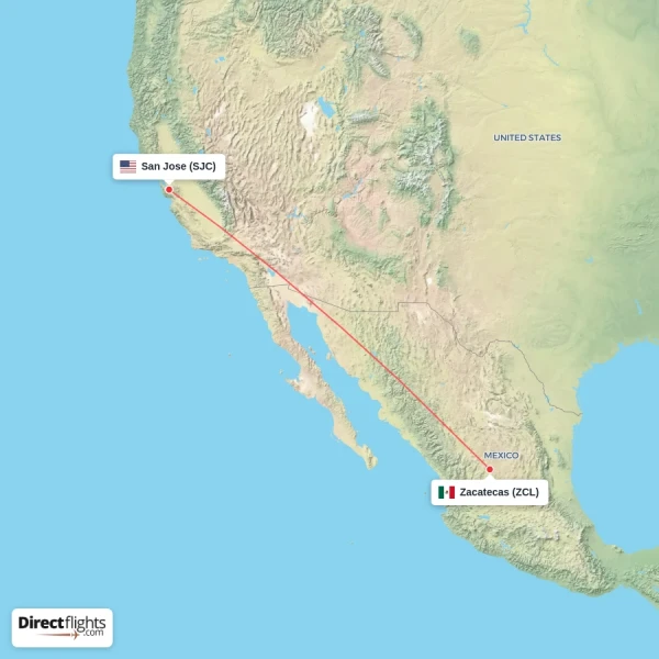 Zacatecas - San Jose direct flight map