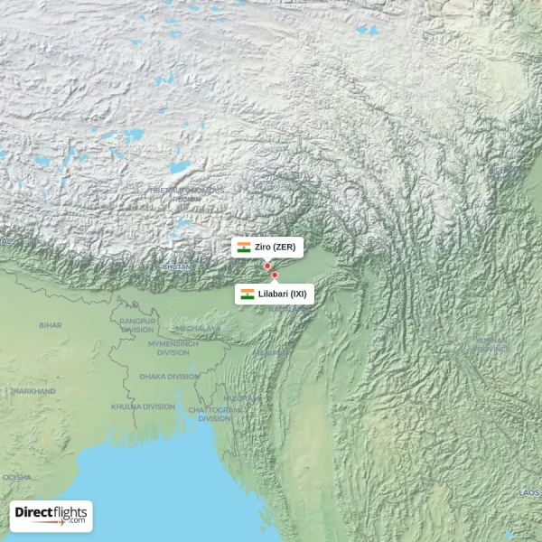 Ziro - Lilabari direct flight map