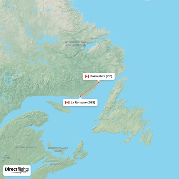 La Romaine - Pakuashipi direct flight map