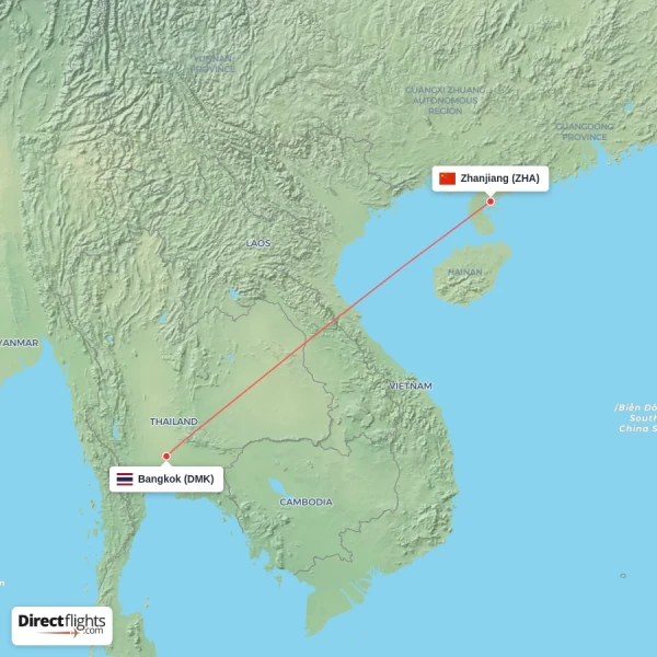 Zhanjiang - Bangkok direct flight map