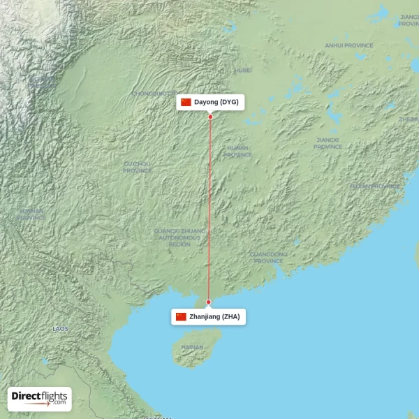 Zhanjiang - Dayong direct flight map