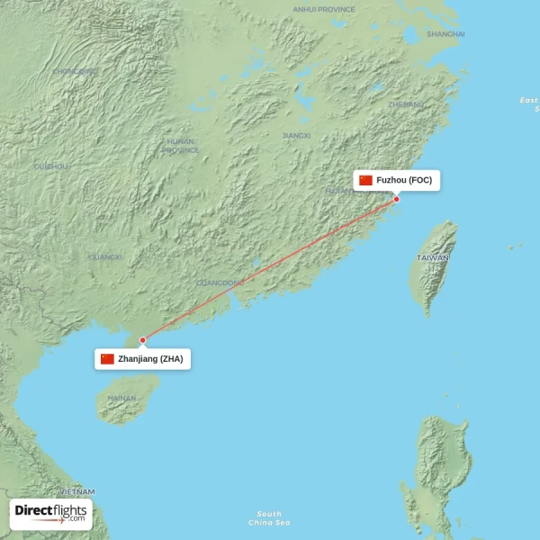 Zhanjiang - Fuzhou direct flight map
