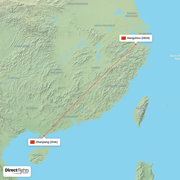 Zhanjiang - Hangzhou direct flight map