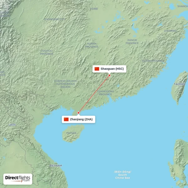 Zhanjiang - Shaoguan direct flight map