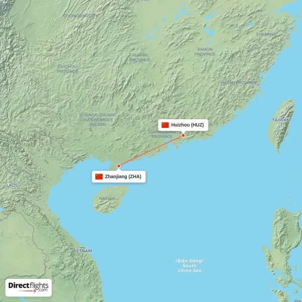Zhanjiang - Huizhou direct flight map