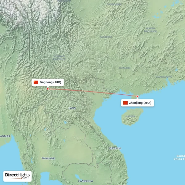 Zhanjiang - Jinghong direct flight map
