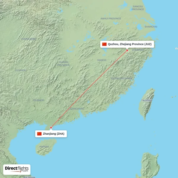 Zhanjiang - Quzhou, Zhejiang Province direct flight map