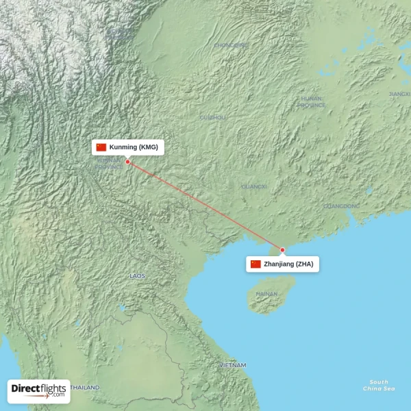 Zhanjiang - Kunming direct flight map
