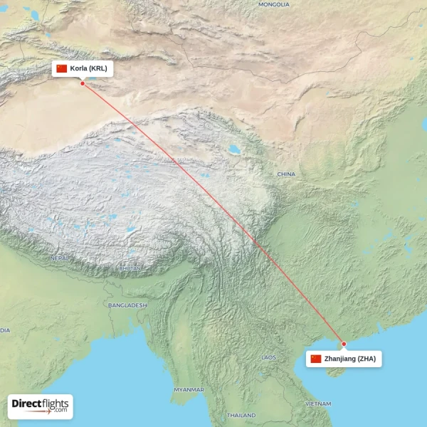 Zhanjiang - Korla direct flight map