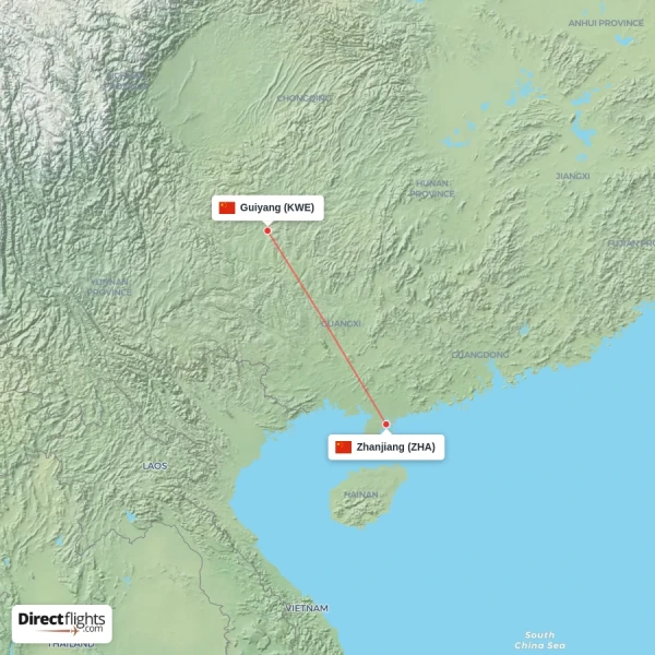 Zhanjiang - Guiyang direct flight map