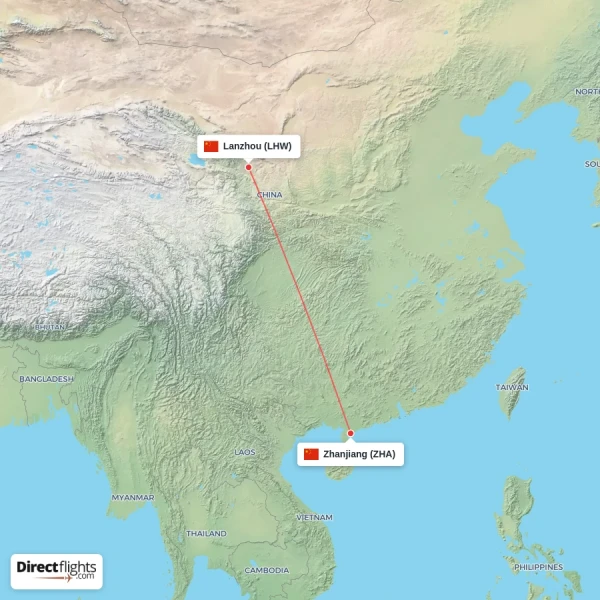 Zhanjiang - Lanzhou direct flight map