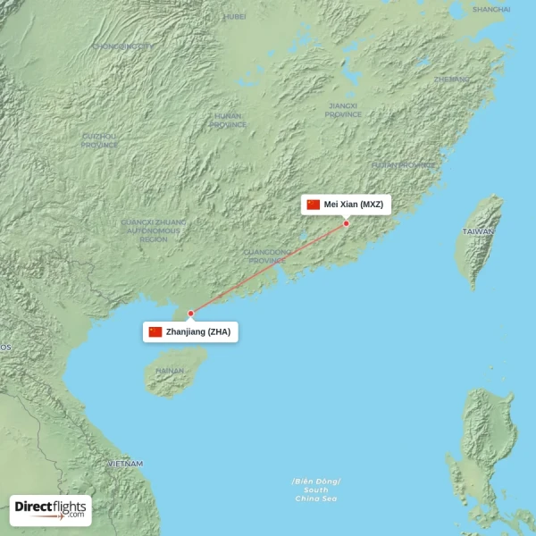 Zhanjiang - Mei Xian direct flight map