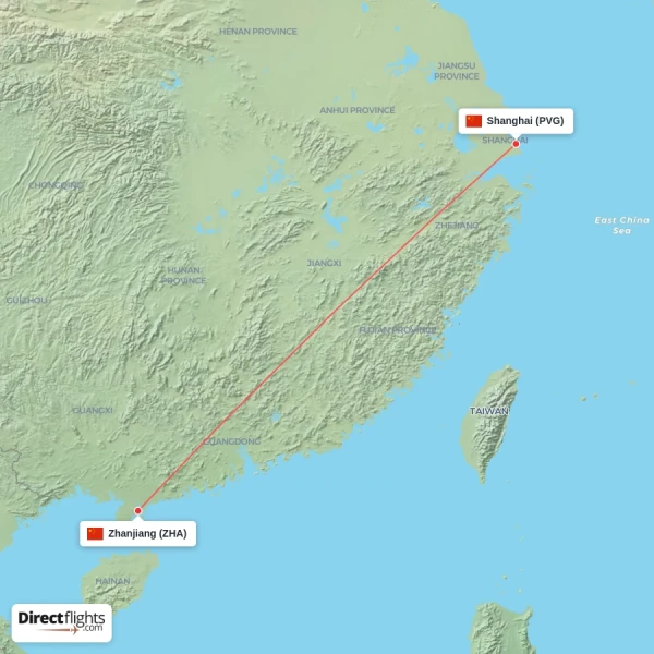 Zhanjiang - Shanghai direct flight map
