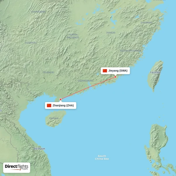 Zhanjiang - Jieyang direct flight map