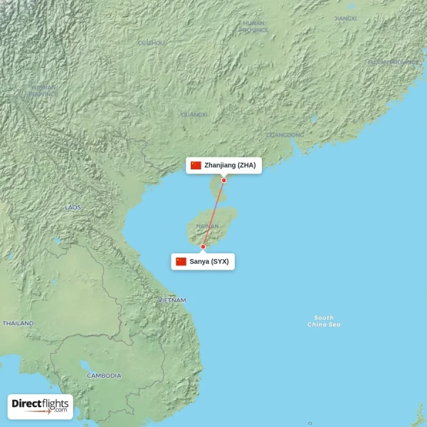 Zhanjiang - Sanya direct flight map