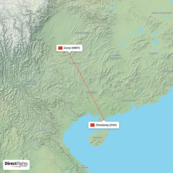 Zhanjiang - Zunyi direct flight map