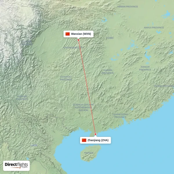 Zhanjiang - Wanxian direct flight map