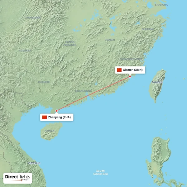 Zhanjiang - Xiamen direct flight map