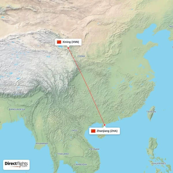 Zhanjiang - Xining direct flight map