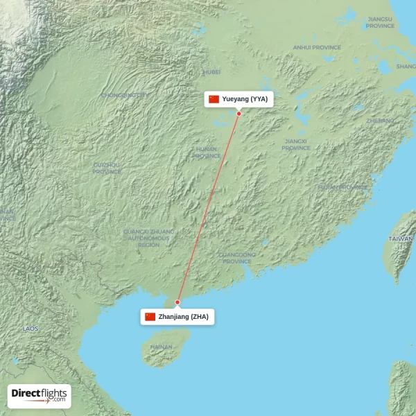 Zhanjiang - Yueyang direct flight map