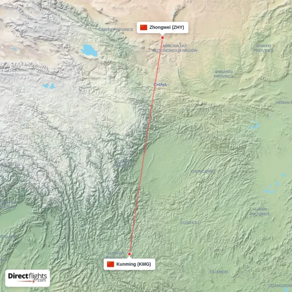 Zhongwei - Kunming direct flight map