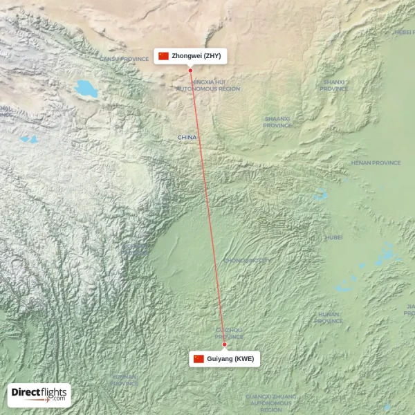 Zhongwei - Guiyang direct flight map