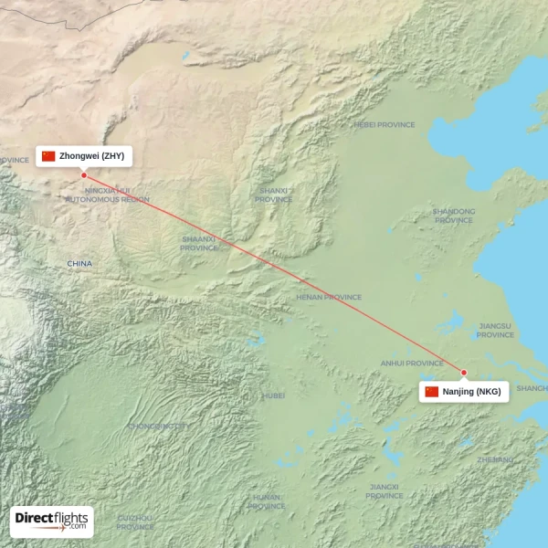 Zhongwei - Nanjing direct flight map