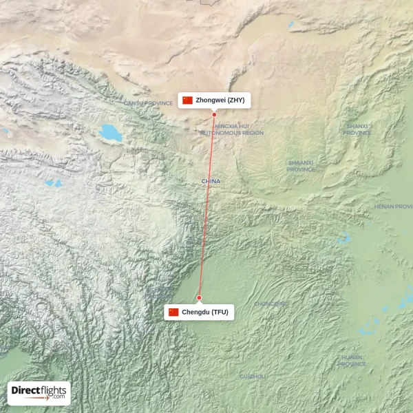 Zhongwei - Chengdu direct flight map