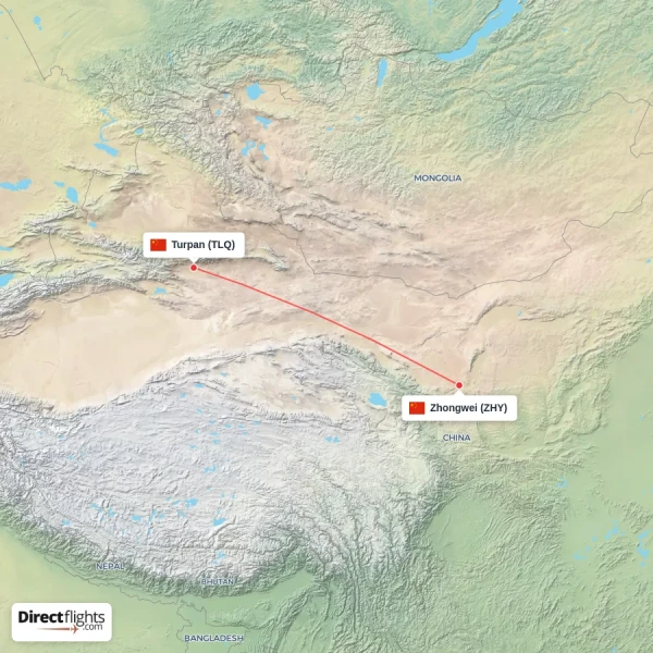 Zhongwei - Turpan direct flight map