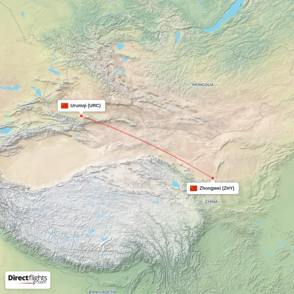 Zhongwei - Urumqi direct flight map