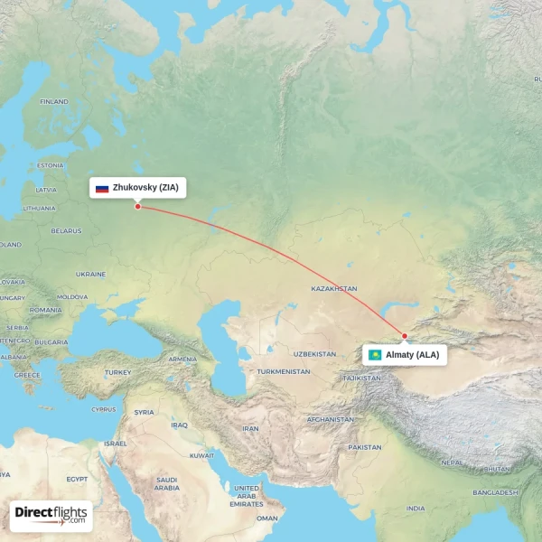 Zhukovsky - Almaty direct flight map