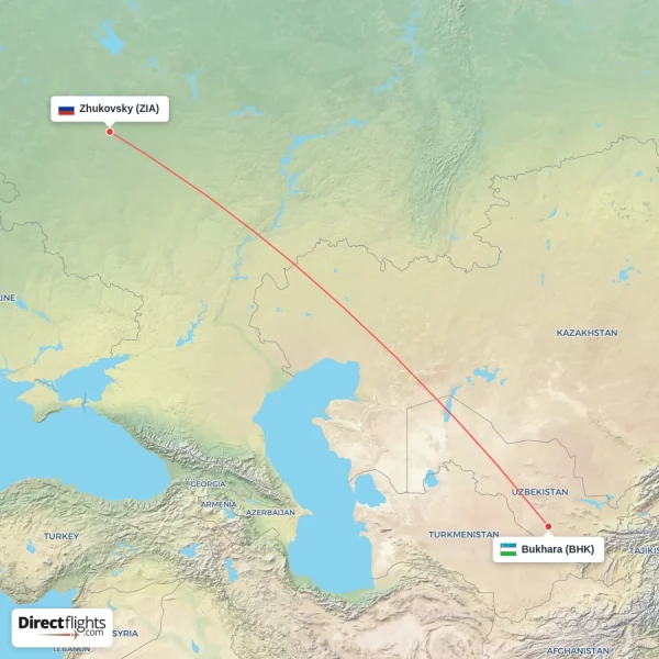Zhukovsky - Bukhara direct flight map