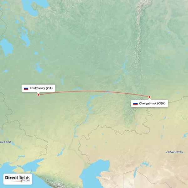 Zhukovsky - Chelyabinsk direct flight map