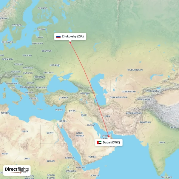 Zhukovsky - Dubai direct flight map