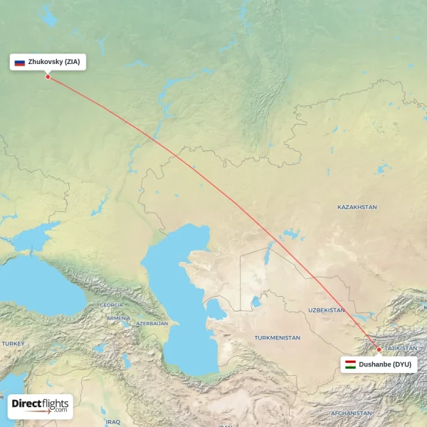 Zhukovsky - Dushanbe direct flight map